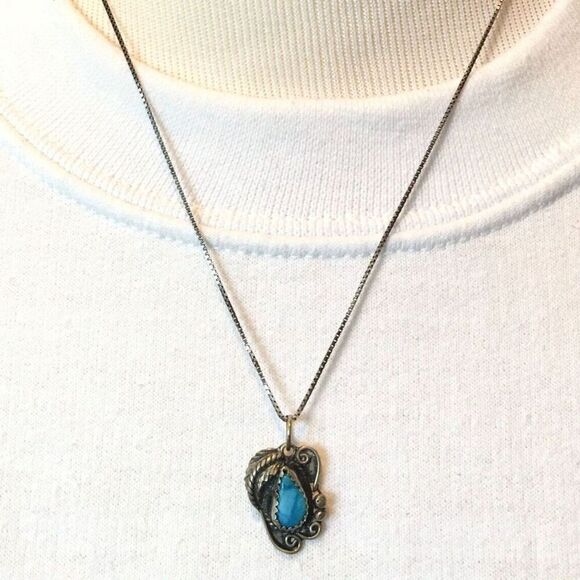 Vintage Turquoise Pendant Sterling Silver Necklace 925 18.5" Box Chain Feather - Picture 2 of 12